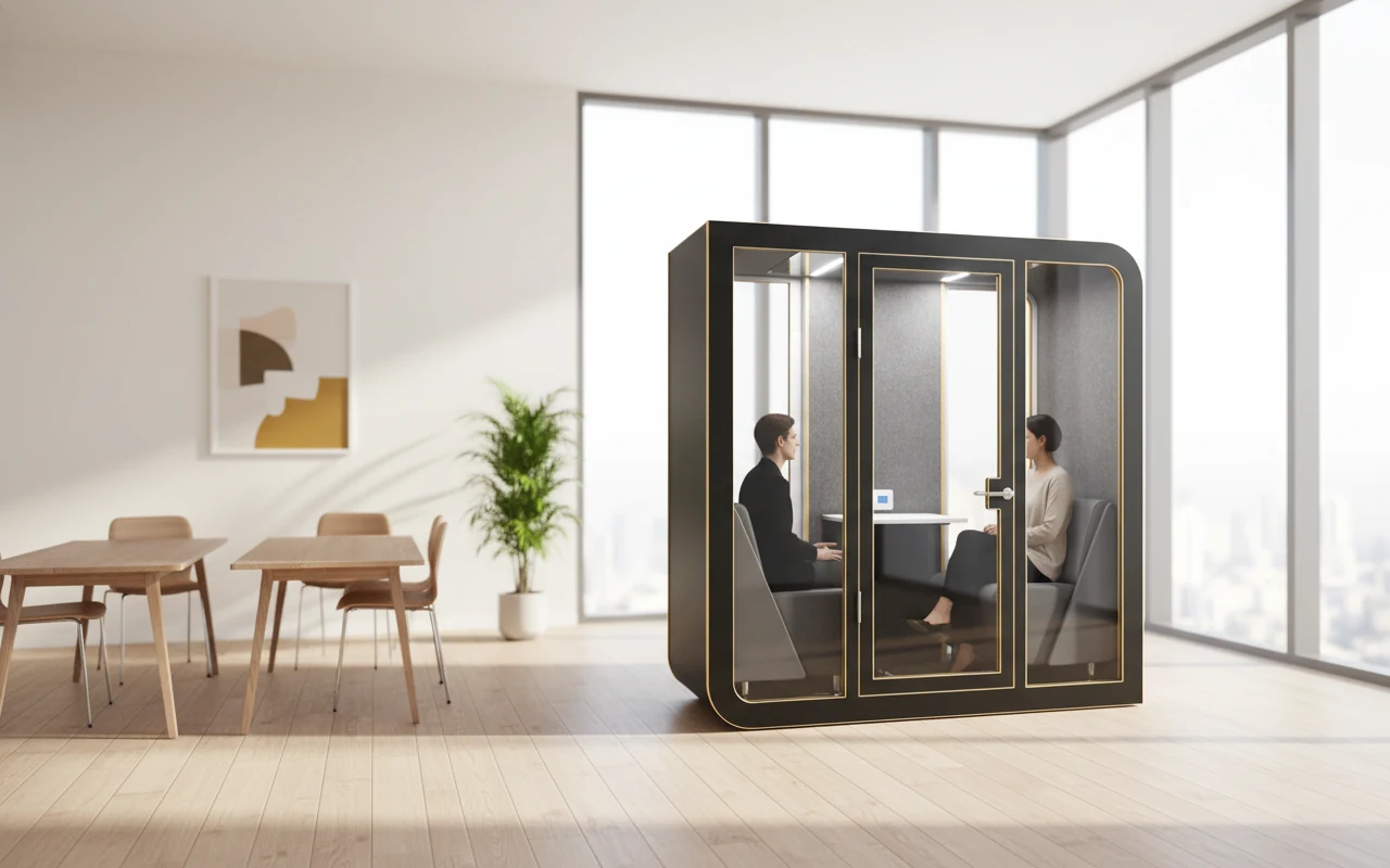Silentbox Duet two-person acoustic cabin in a modern office — patented rounded-corner pod with gold trim and glass door