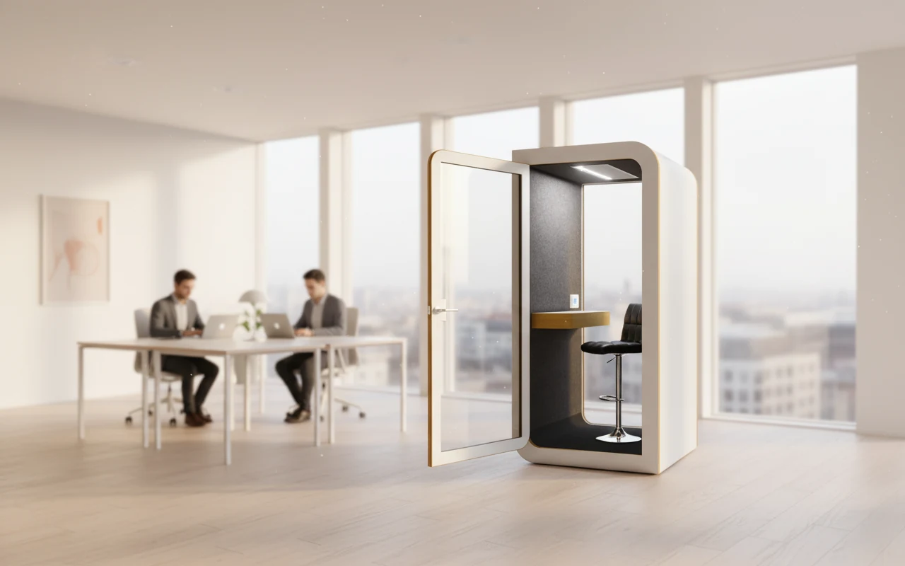 Silentbox Solo Premium acoustic phone booth on a modern open-plan office floor — patented rounded-corner cabin with gold trim, glass door, black acoustic interior
