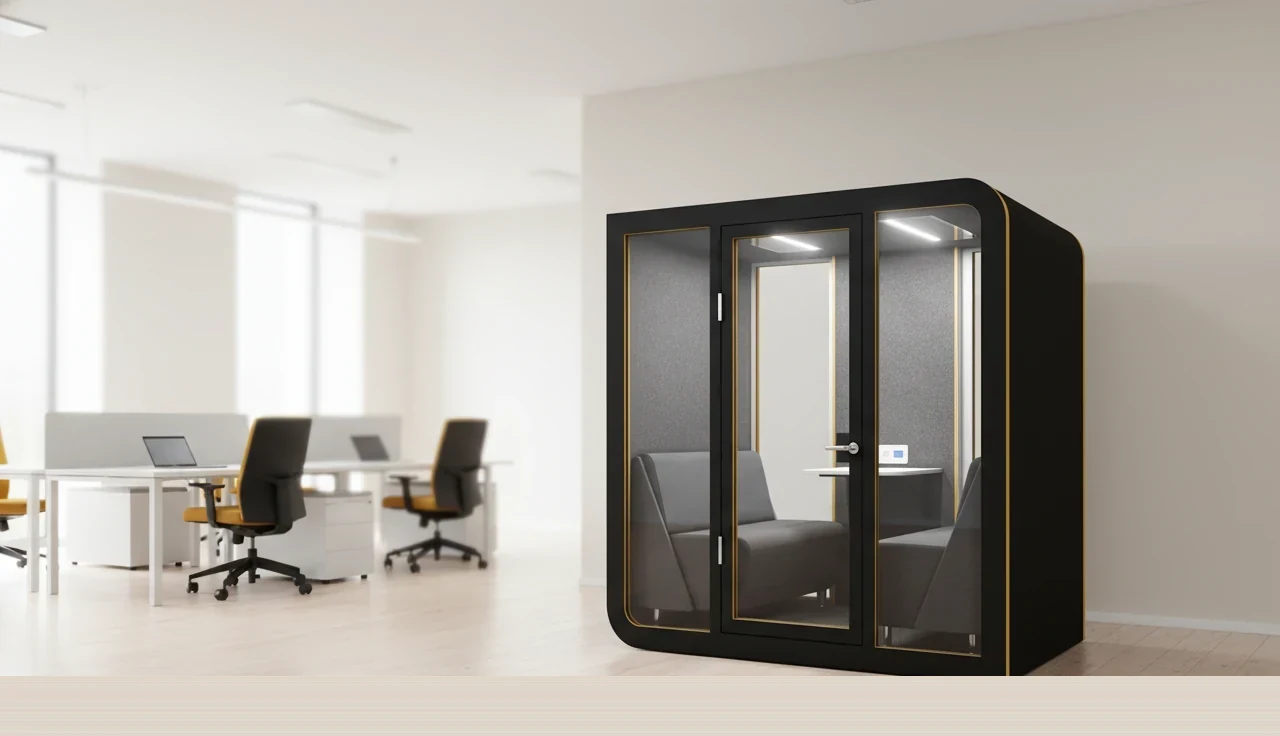 Silentbox Quartet four-person acoustic meeting pod replacing a cubicle cluster — patented rounded-corner cabin with gold trim