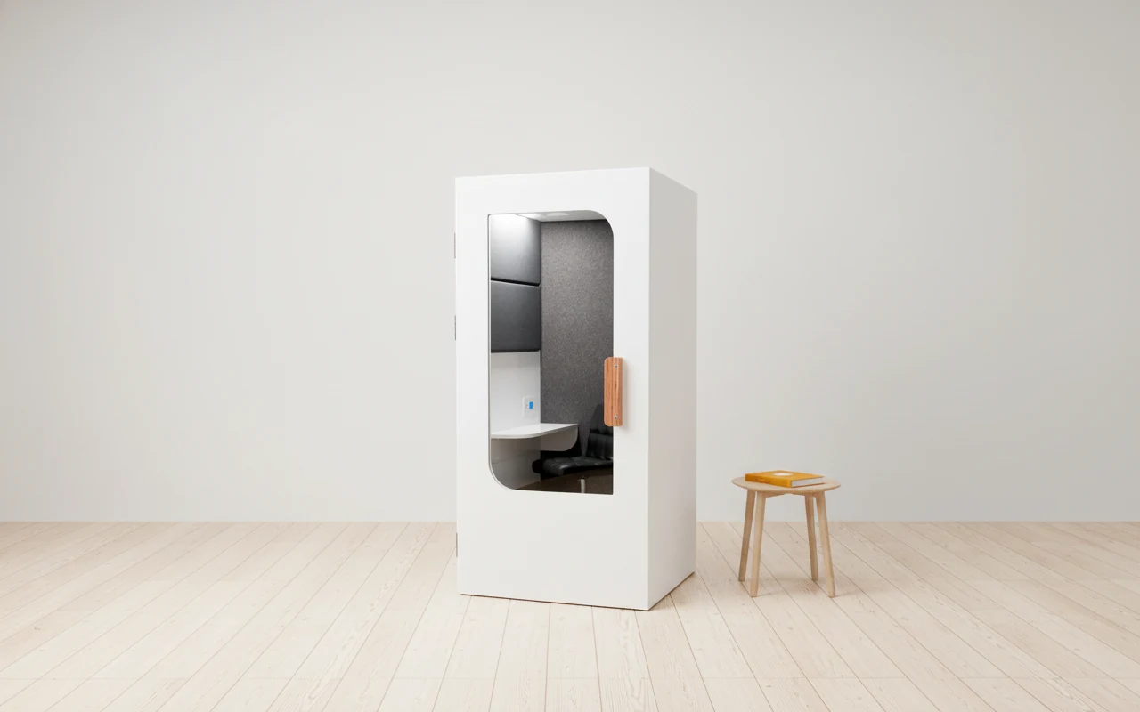 Silentbox Solo Lite soundproof office booth — white rectangular cabin with wood handle, sealed acoustic interior, glass door