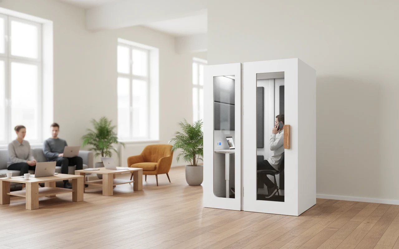 Silentbox WorkPod single-person phone booth in a coworking lounge — two-section cabin with glass doors and wood handles